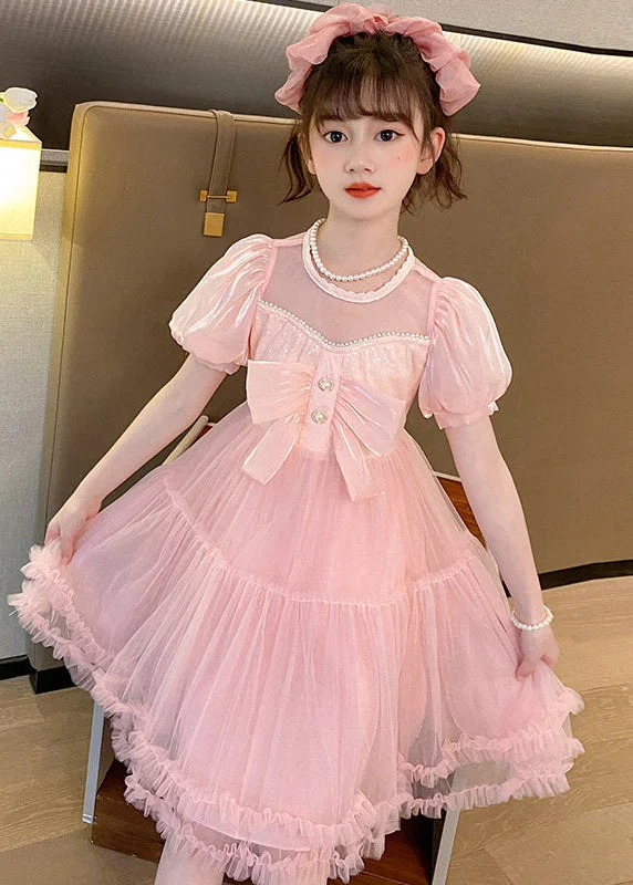 Explore What's New Boutique Pink Puff Sleeve Patchwork Tulle Baby Girls Maxi Dress Summer