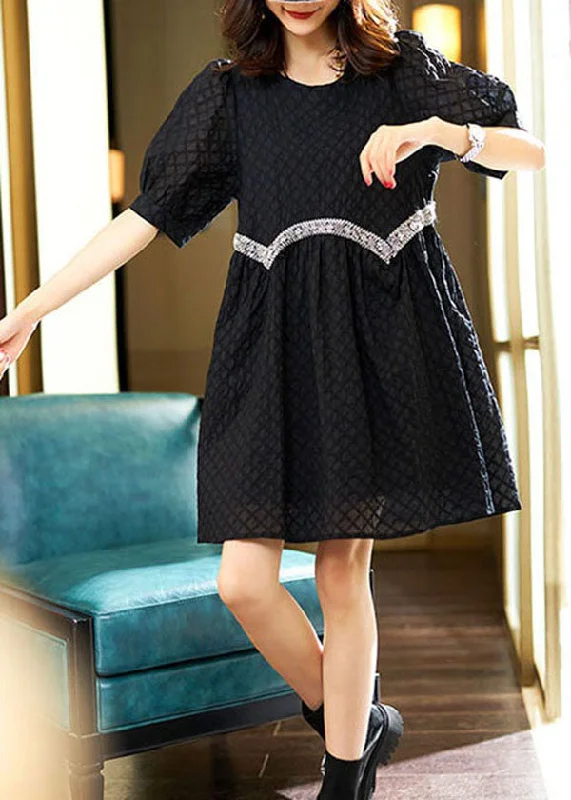 Stylish Looks Cute Black O Neck Zircon Patchwork Cotton Dresses Summer