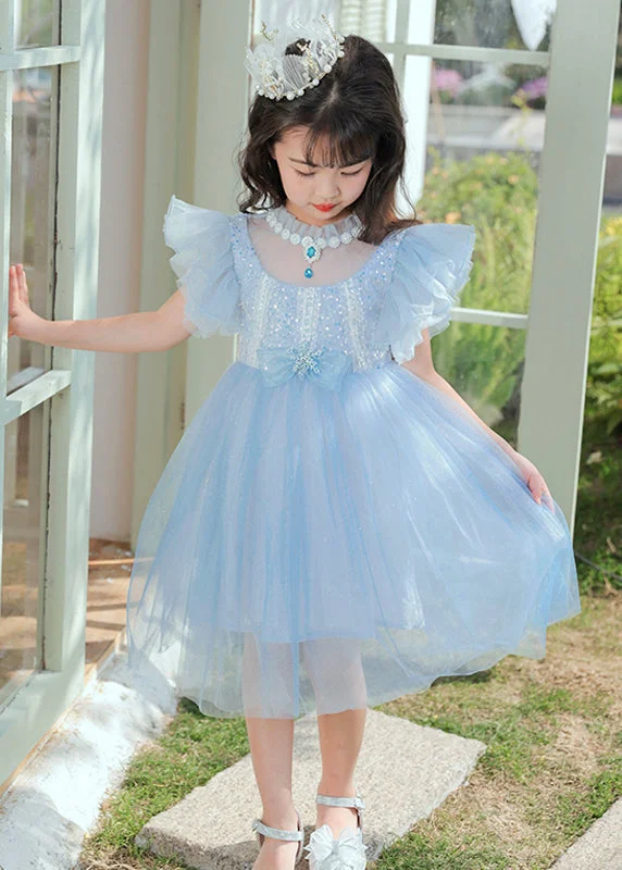 The Latest Trends Cute Blue Sequins Patchwork Bow Tulle Kids Girls Maxi Dresses Butterfly Sleeve