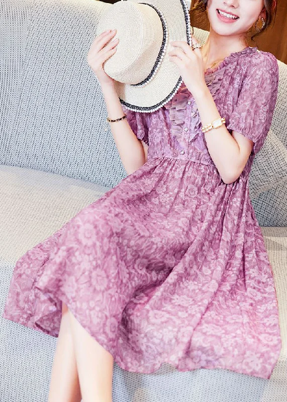 Trendy Women's Dresses Online Modern Purple Ruffled Print Chiffon Holiday Dress Summer