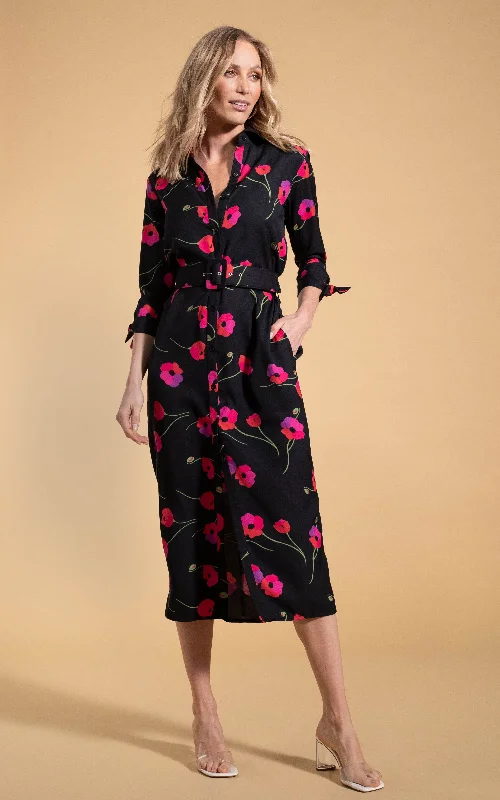 The Epitome Of Modern Women's Fashion Alva Midi Shirt Dress in Poppies on Black