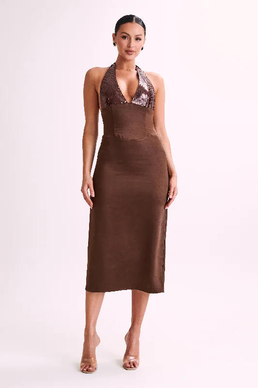 Women's Clothing Sale Ebony Satin Midi Dress With Sequins - Chocolate