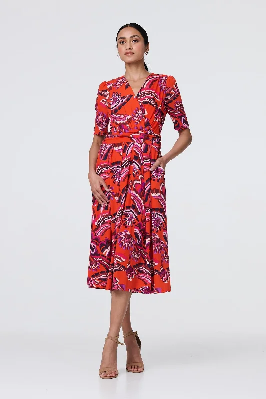 Trendy Women's Apparel Tropical Print Faux Wrap Midi Dress