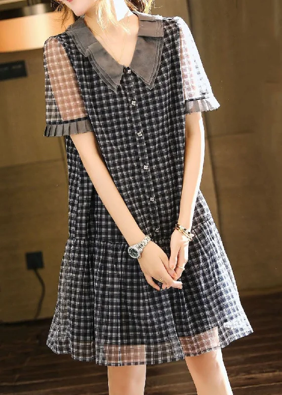 Contemporary Women's Clothing Boutique Black Plaid Ruffled Patchwork Tulle Mid Dresses Summer