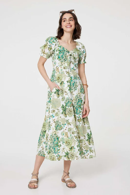 Flash Sales This Week Floral Tie-Front Short Sleeve Midi Dress