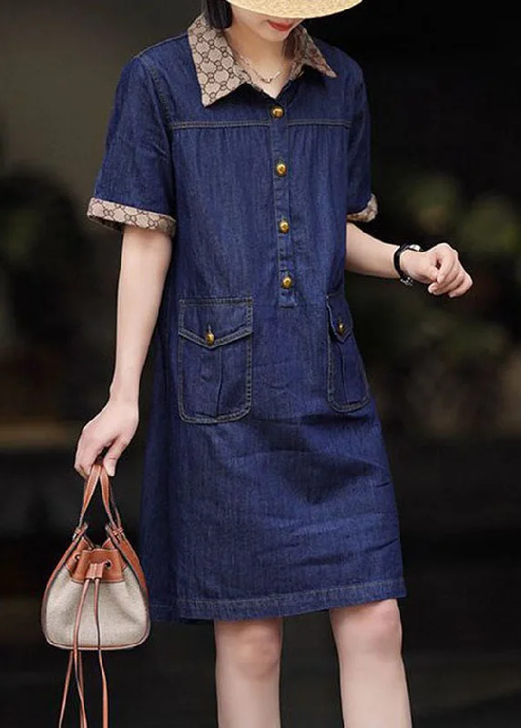 Relaxed Fashion Modern Navy Peter Pan Collar Patchwork Denim Mid Dress Summer