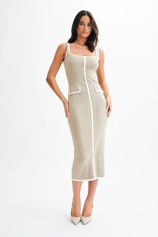 Women Wear Online Eimear Contrast Knit Midi Dress - Taupe & Ivory