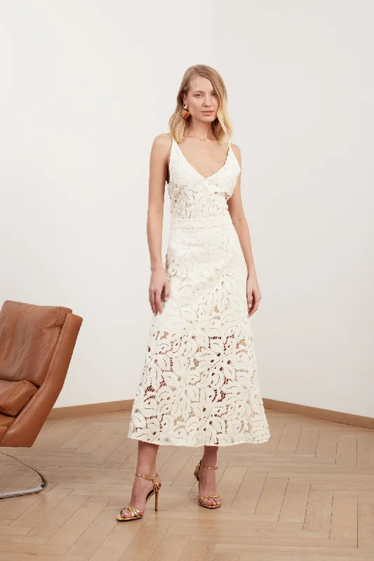 Premium Quality Garments ULLA white lace midi dress with flattering skirt