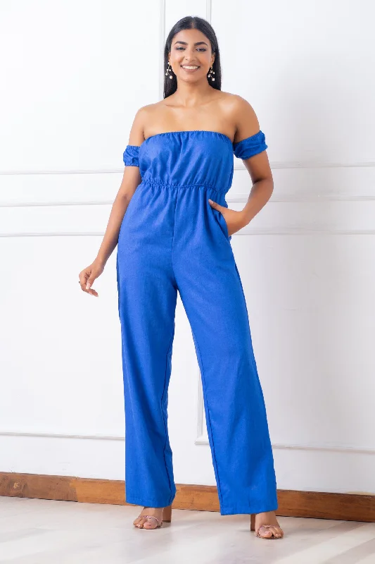 Minimalist Style Blue Off Shoulder Jumpsuit - Regular Fit