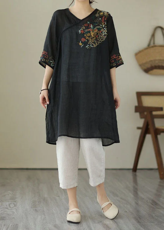 End of Season Sale Black Patchwork Linen Mid Dress Embroideried V Neck Summer