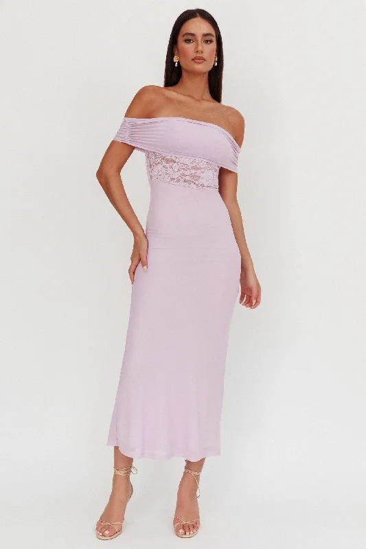 Fashionable Tops for Women Flutters Off-Shoulder Lace Insert Maxi Dress Lilac