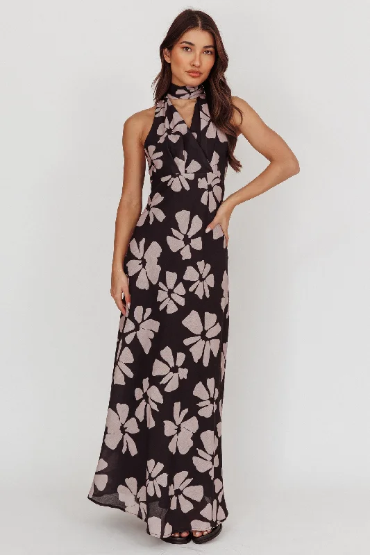 Snag Fabulous Fashion Bargains Italia Azure Halterneck Floral Maxi Dress Black