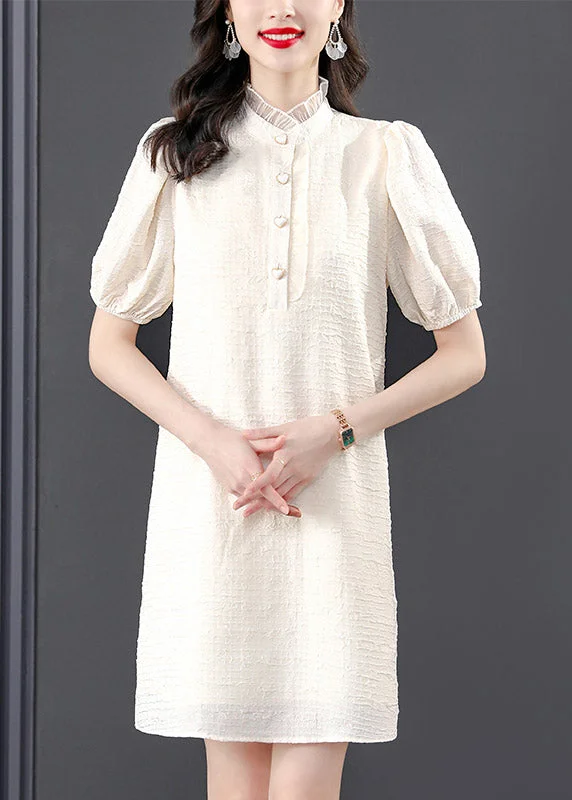 Stylish Everyday Clothing French Beige Stand Collar Lace Patchwork Button Mid Dress Summer