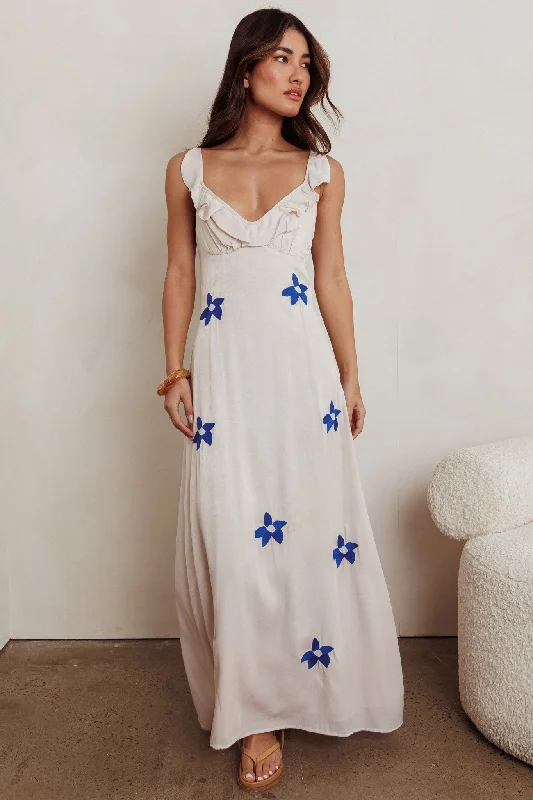 Trendy Boutique Online Hibiscus Ruffle A-line Maxi Dress Bone