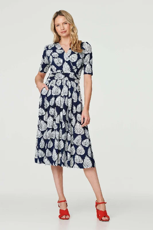 Comfortable Casual Wear Printed Short Sleeve Wrap Tea Dress