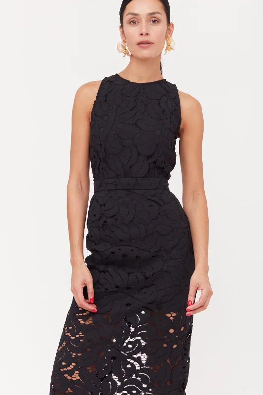 Stylish Basics YEMA Black Floral Lace Midi Dress With Open Back