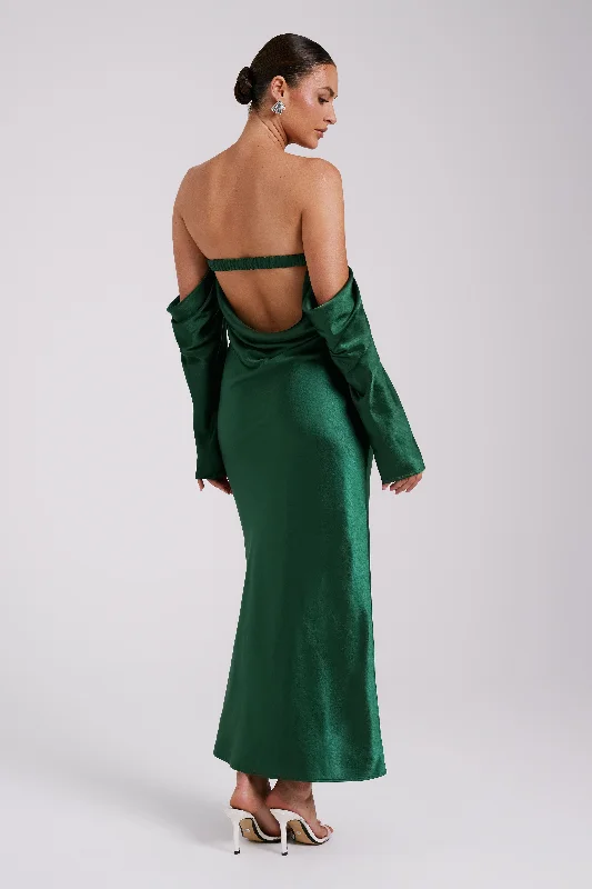 Modern Women's Wardrobe Essentials Vee Off Shoulder Satin Midi Dress - Emerald