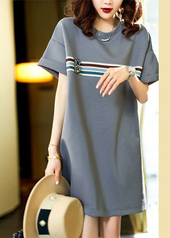 Women Online Clothing Boutiques Casual Grey O Neck Zircon Patchwork Cotton T Shirt Dresses Summer