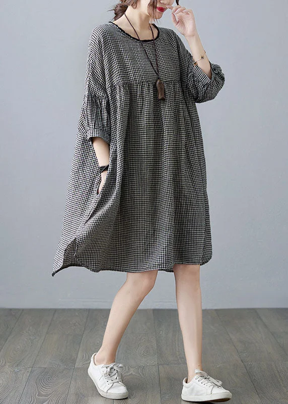 Clothing Store Small Plaid Patchwork Linen Mid Dress O Neck Wrinkled Summer