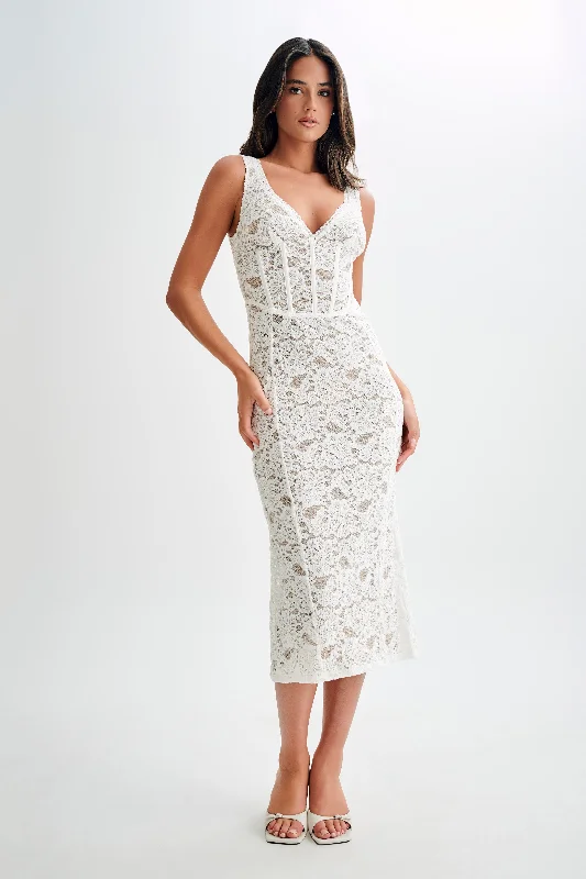 New Arrival Discount Doria Lace Plisse Midi Dress - Ivory