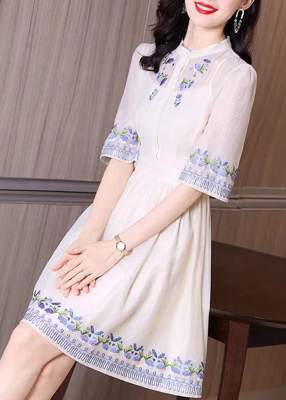 Timeless Elegance Handmade Apricot Stand Collar Embroideried Floral Slim Mid Dress Short Sleeve