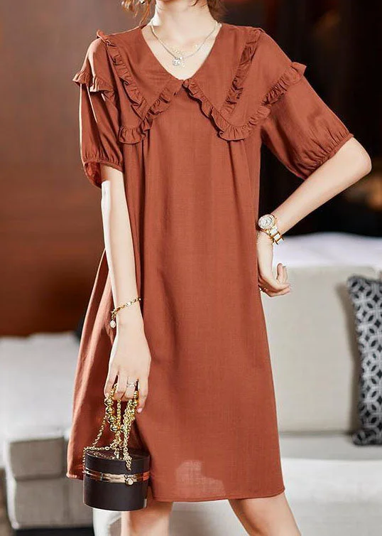 Fashionable Casual Tops French Orange Ruffled Patchwork Silk Mid Dresses Summer