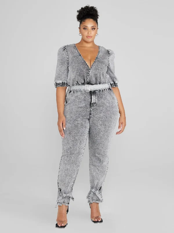 Flash Sales Today Hannah Belted Acid Wash Denim Jumpsuit