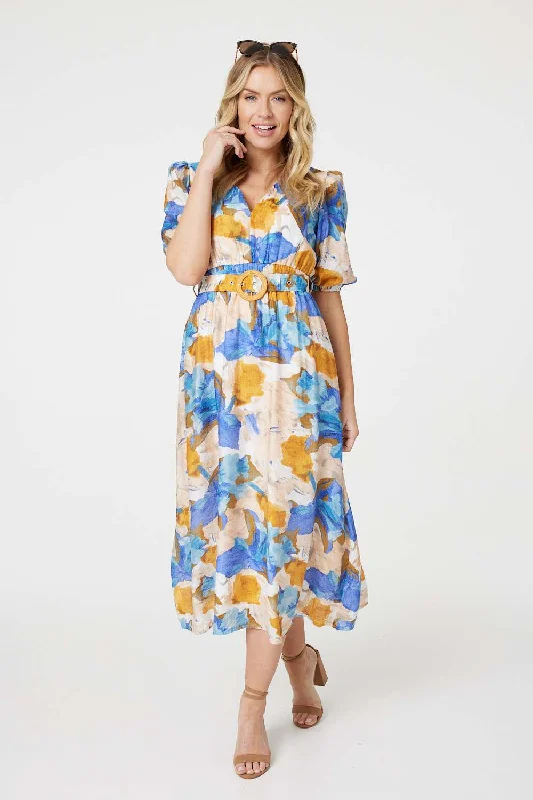 Versatile Wardrobe Essentials Printed 1/2 Sleeve Belted Midi Dress