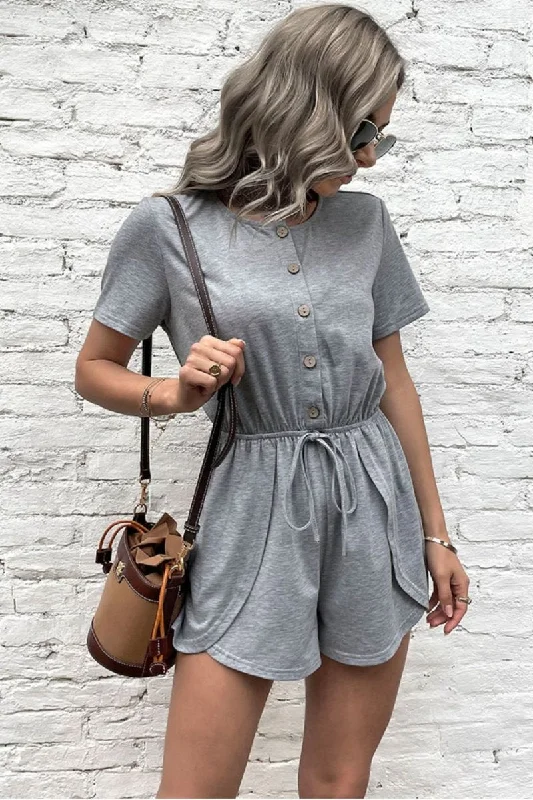 Sophisticated Style Buttoned Drawstring Round Neck Romper