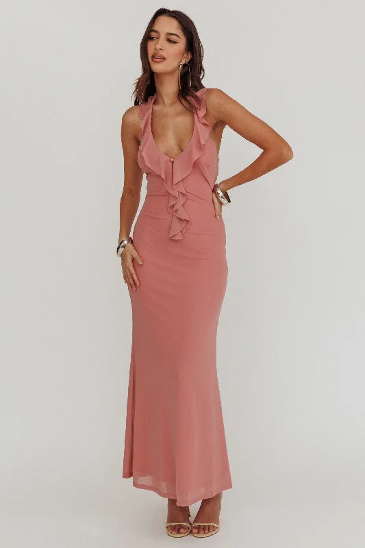 Style Revolution Live Loud Ruffle Halterneck Maxi Dress Rose