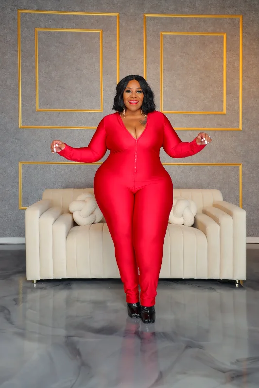 Elegant Style Red Keyona Zipper Disco Catsuit