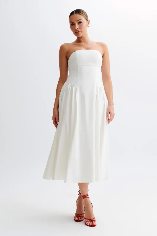 Trendy Boutiques Online Carmele Cotton Gathered Midi Dress - White