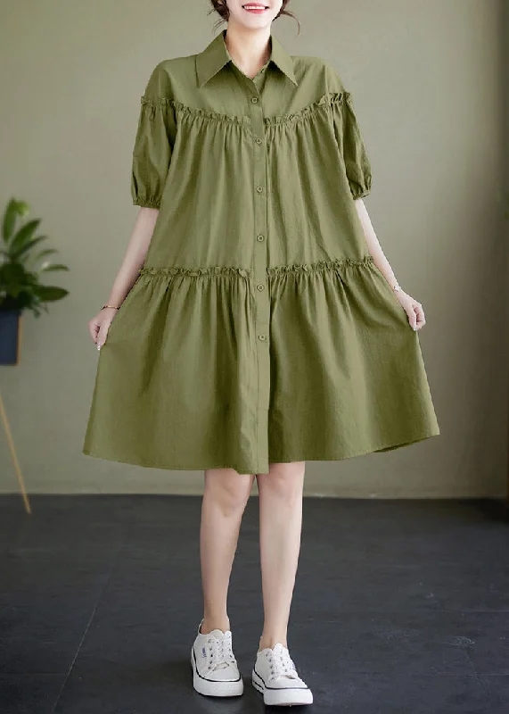 Trendy Casual Outfits Boho Green Ruffled Patchwork Wrinkled Solid Cotton Mid Dress Summer