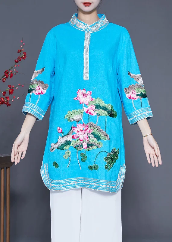 Elegant Simplicity Wardrobe Handmade Blue Lotus Embroideried Linen Mid Dress Summer