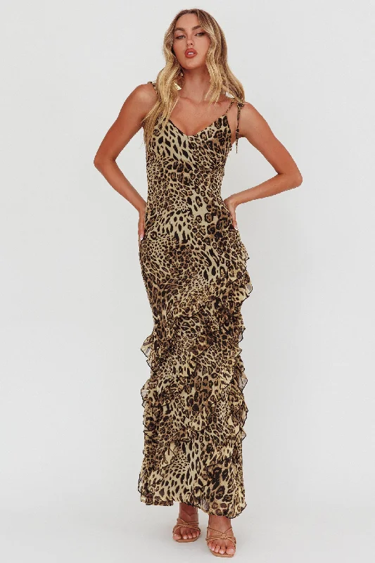 Seasonal Picks Dreamy Day Ruffle Trim Maxi Dress Leopard