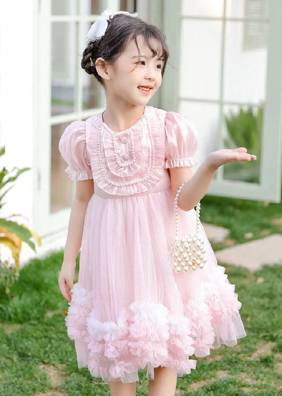 Women's Fashion Essentials Boutique Pink Puff Sleeve Nail Bead Tulle Baby Girls Mid Dress Summer