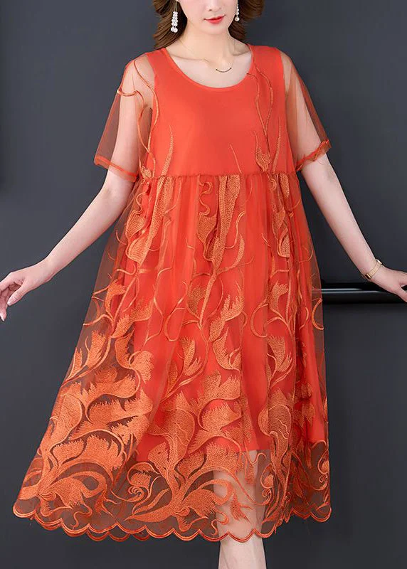 Flash Sale Now Casual Orange Embroideried Patchwork Tulle Long Dress Summer