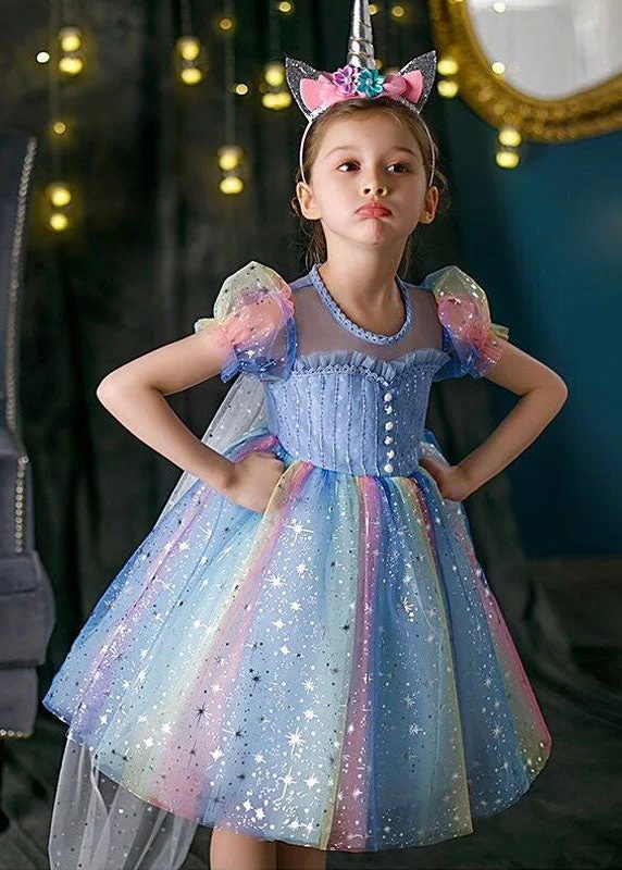 Fashion Essentials Boutique Rainbow Puff Sleeve Sequins Patchwork Tulle Baby Girls Dress Summer