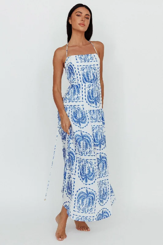 Vibrant Styles Natasia Halterneck Maxi Dress Palm Print Blue