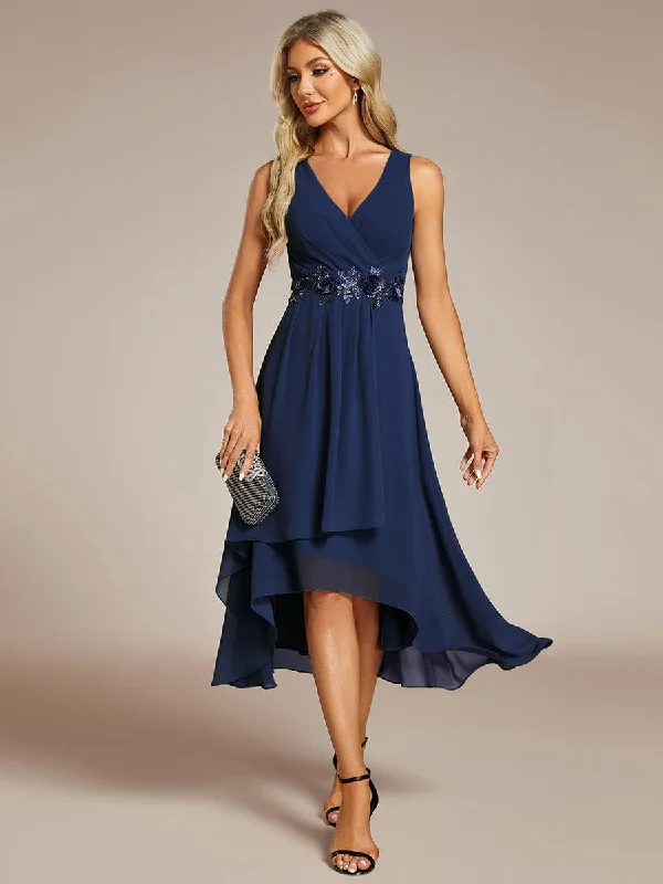 Clothes Of Woman Elise | Sleeveless V-Neck High Low Wedding Guest Dress with Floral Applique