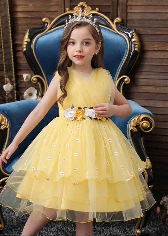 Fashion Deal Art Yellow Embroideried Daisy Tulle Baby Girls Party Dress Summer