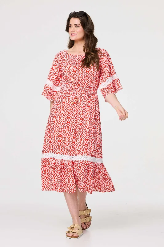 Athleisure Wear Special Offer Printed Relaxed Lace Trim Midi Dress