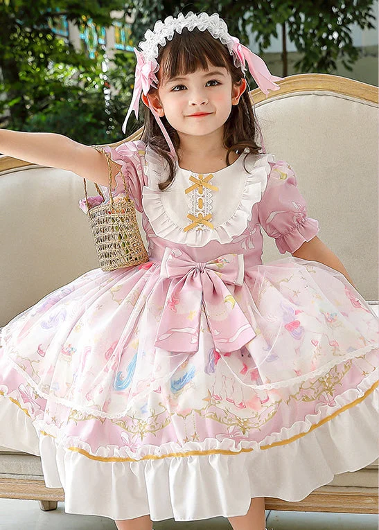 Shop Ladies Clothes Boutique Pink Puff Sleeve Print Bow Chiffon Kids Girls Maxi Dresses Summer