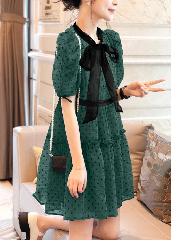 Luxe Women's Fashion Art Green O-Neck Ruffled Dot Patchwork Bow Chiffon Mid Dress Puff Sleeve