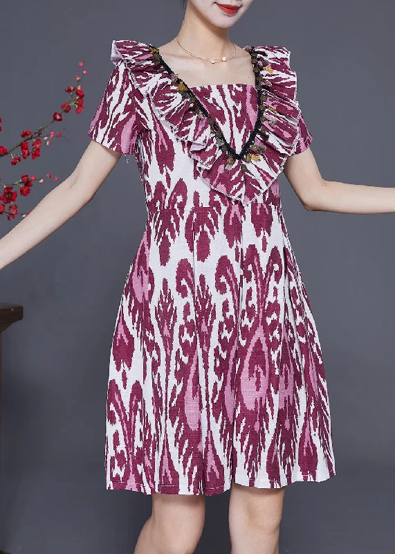 Chic Style, Always In Vogue Modern Purple Ruffled Print Linen Mid Dress Summer