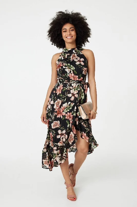 Early Bird Offer Floral Asymmetric Halter Neck Midi Dress