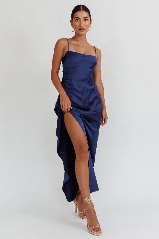 Clothes For Sale Night Swim Satin Leg Slit Maxi Dress Navy