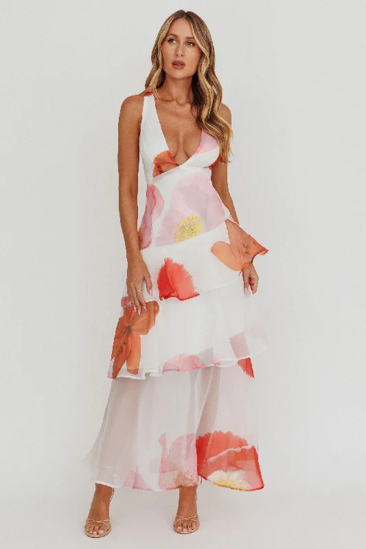 Unleash Your Trendy Side Veda Strappy Back Ruffle Maxi Dress Flowers Pink