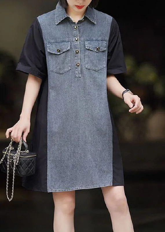 Versatile Wardrobe Essentials Art Black Peter Pan Collar Denim Patchwork Cotton Dresses Summer