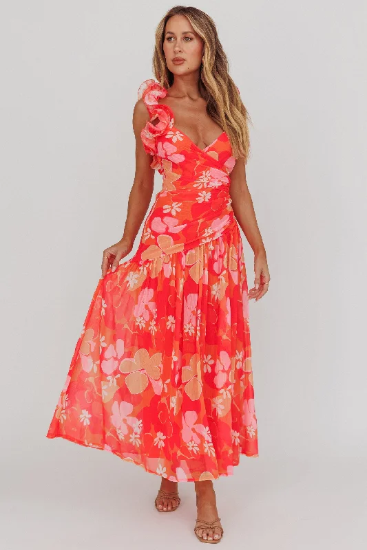 Limited Stock, Big Discounts Kinley Ruffle Strap Maxi Dress Floral Orange